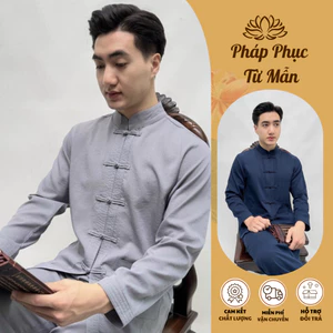 Pháp phục đi chùa nam dài tay vải đũi Bộ đồ đi chùa nam cổ tàu Đồ lam đi chùa nam mặc lễ tết đũi mềm mát