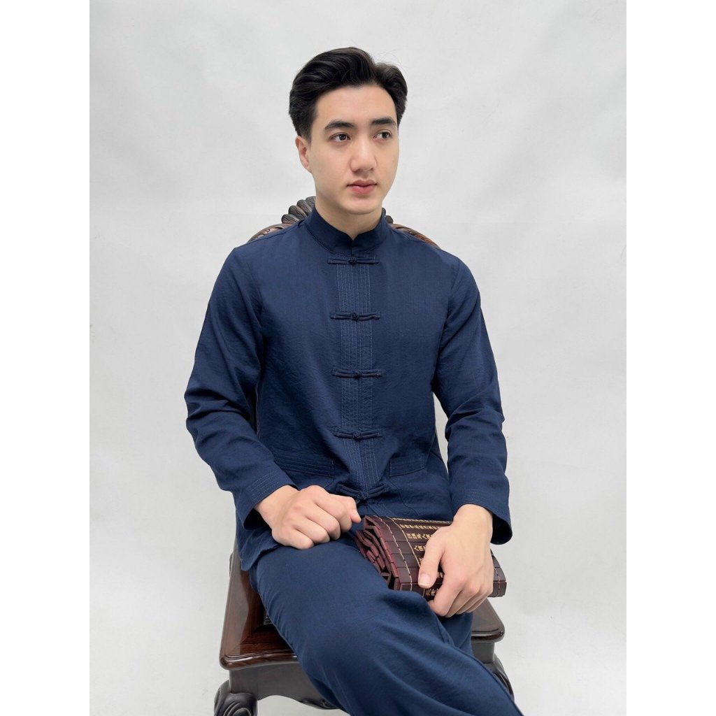 Pháp phục đi chùa nam dài tay vải đũi Bộ đồ đi chùa nam cổ tàu Đồ lam đi chùa nam mặc lễ tết đũi mềm mát