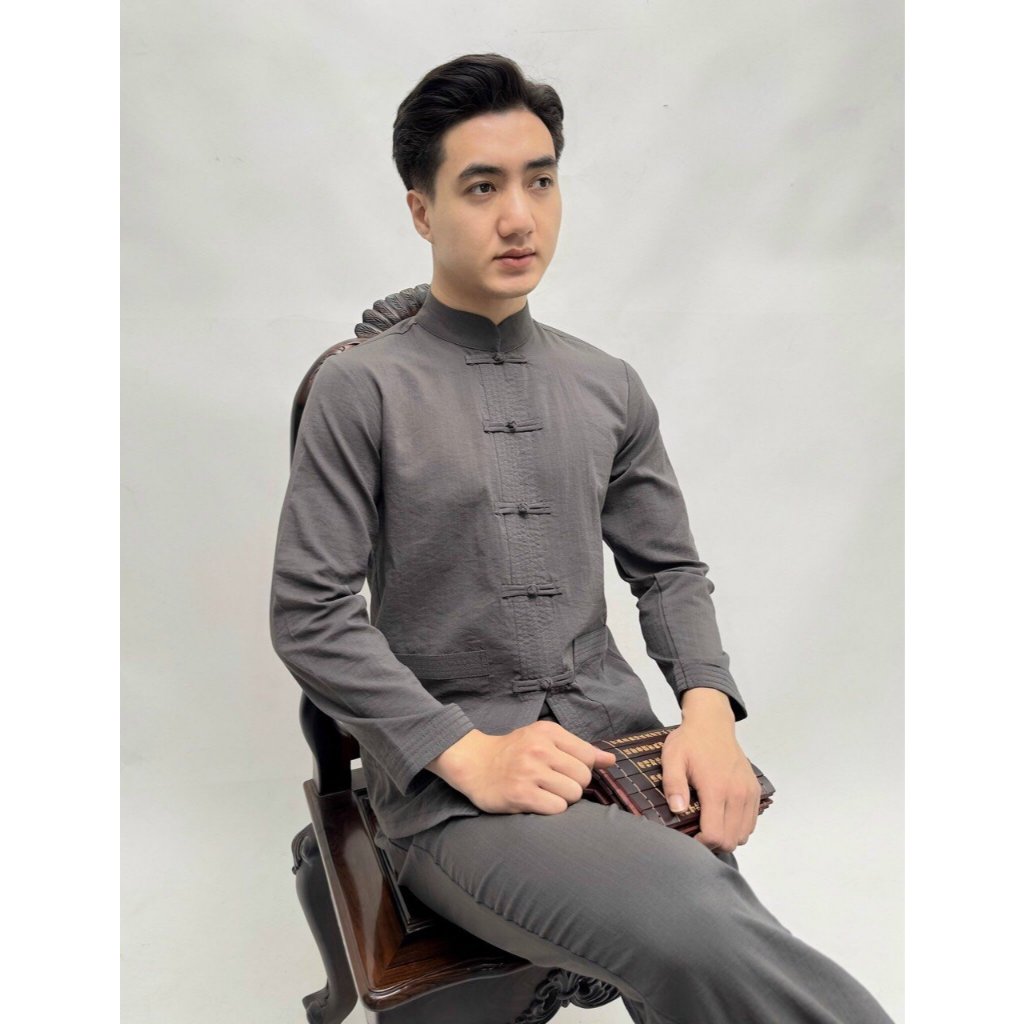 Pháp phục đi chùa nam dài tay vải đũi Bộ đồ đi chùa nam cổ tàu Đồ lam đi chùa nam mặc lễ tết đũi mềm mát