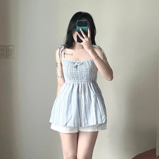 BARE_Áo hai dây sọc thổ cẩm mát thiết kế mocking nhún ôm dáng phối nơ điệu đà-A345 , A589