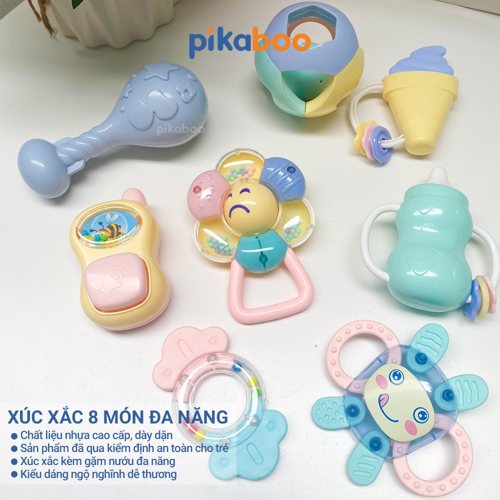 Ảnh Bộ xúc xắc gặm nướu cao cấp 8 món Pikaboo, xúc xắc kết hợp silicone mềm cao cấp an toàn cho bé 2