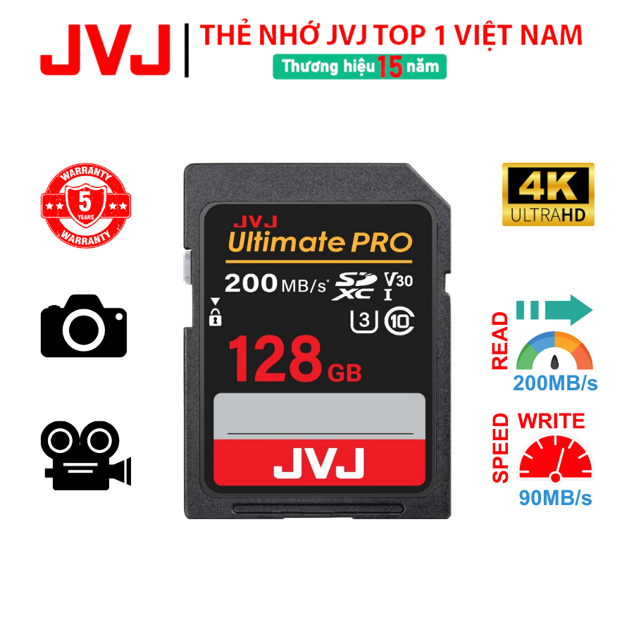 Ảnh Thẻ Nhớ SD 128Gb 64Gb 32Gb JVJ Ultimate Pro Chuẩn V30 U3 Class 10- Thẻ nhớ Máy Ảnh, Máy Quay 4K Full HD- BH 9 Năm 1 Đổi 3