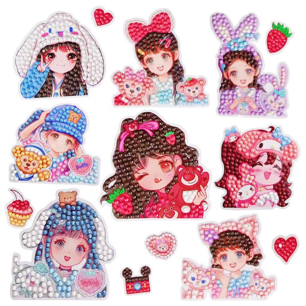 Sticker Tranh đính đá Gấu Dâu, Shin  sticker tự làm tự dính trang trí cốc, balo, cặp CÓ KÈM ĐỦ PHỤ KIỆN ĐÁ