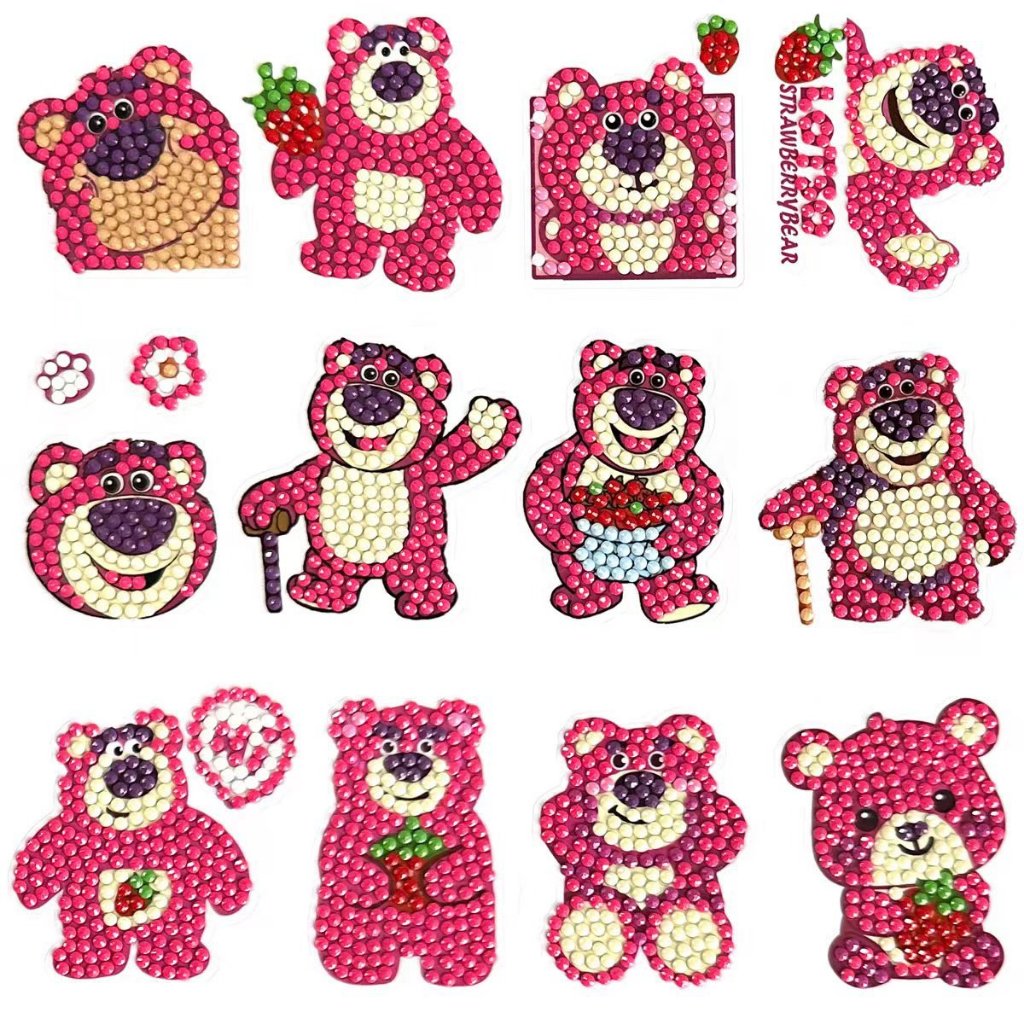 Sticker Tranh đính đá Gấu Dâu, Shin  sticker tự làm tự dính trang trí cốc, balo, cặp CÓ KÈM ĐỦ PHỤ KIỆN ĐÁ
