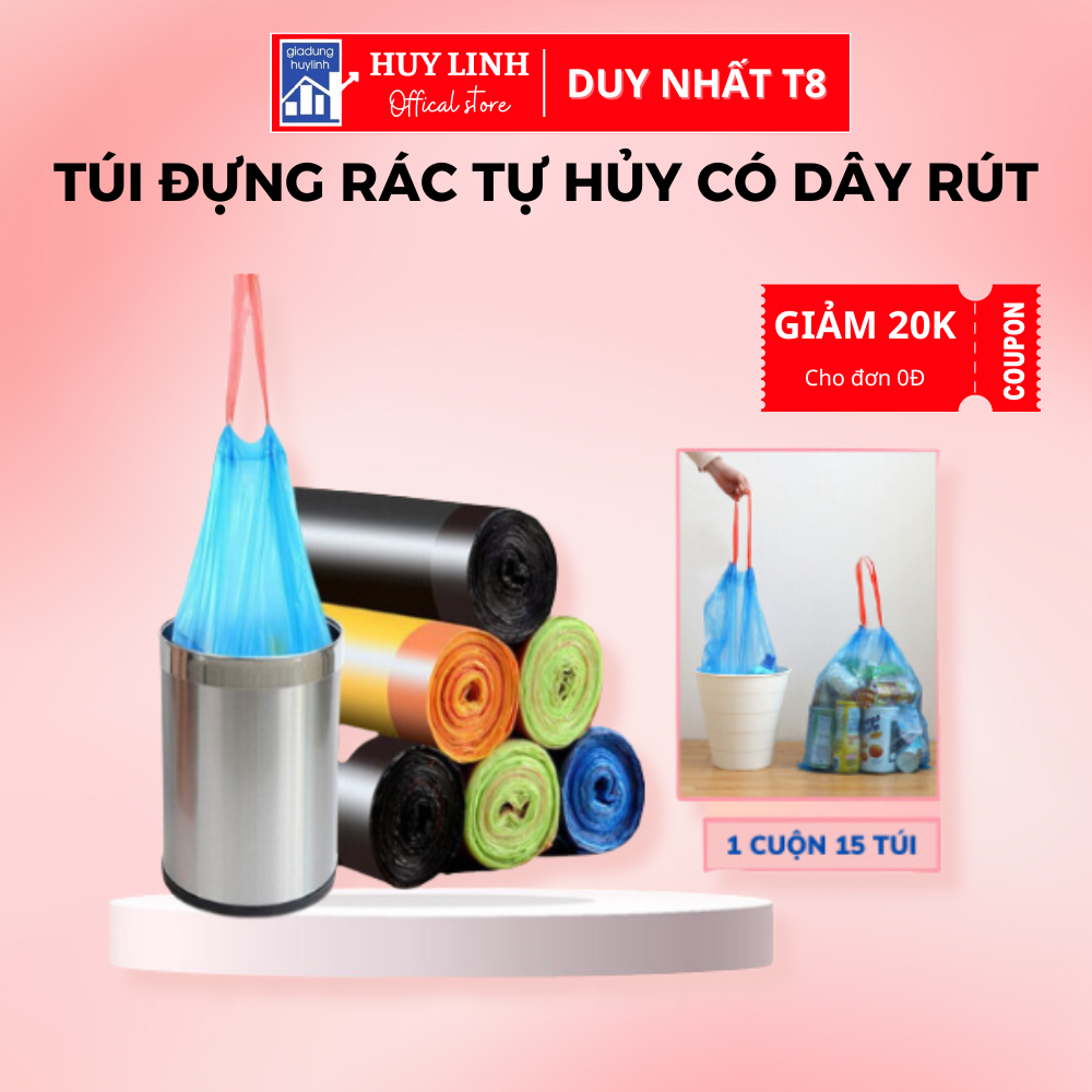 Combo 5 cuộn Túi đựng rác tự phân hủy có dây rút tiện lợi loại dày dai ...