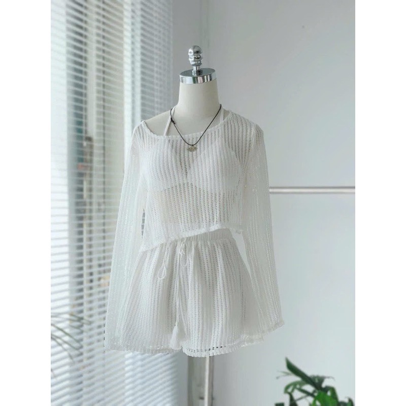 BIKINI, ĐỒ BƠI đi biển thời trang,3 chi tiết áo bra có mút quần short kèm áo KHOÁC REN LỖ tay dài chuẩn hình BiKiNi HANT