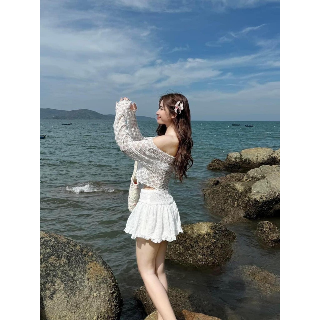 Bikini,Đồ bơi đi biển set 4 món áo bra đính HOA TRÀ có mút,quần rời kèm khoác,chân váy  lưng thun Bikini HAN.T [HT 002]