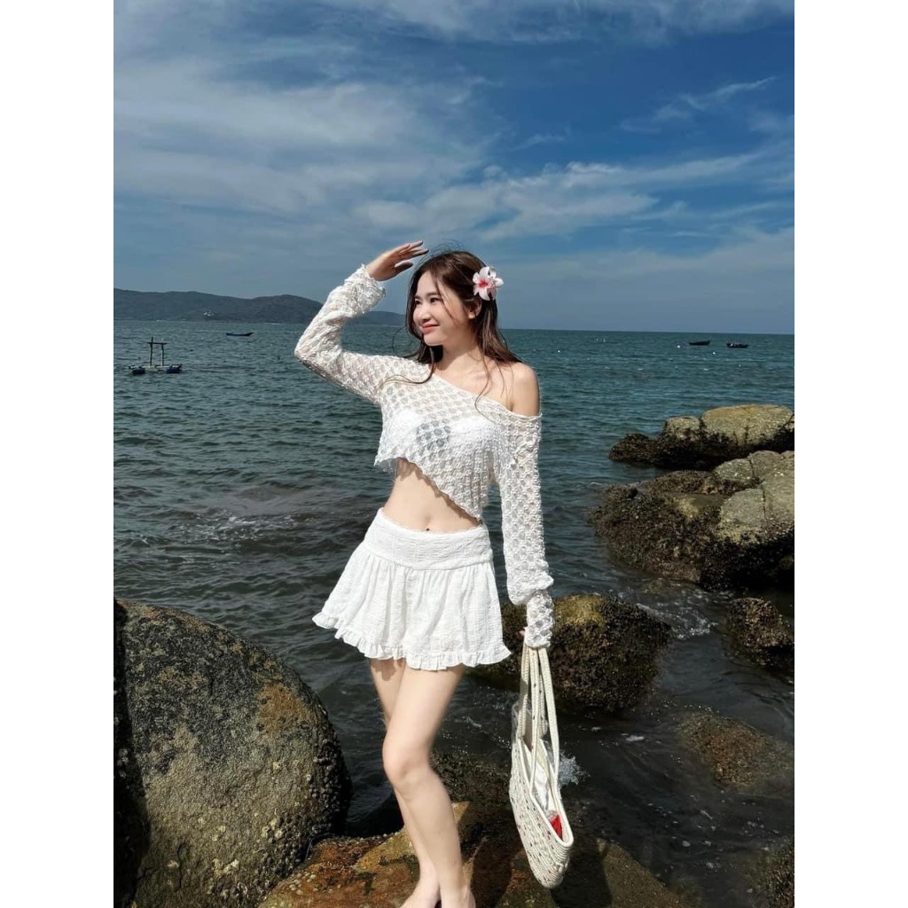 Bikini,Đồ bơi đi biển set 4 món áo bra đính HOA TRÀ có mút,quần rời kèm khoác,chân váy  lưng thun Bikini HAN.T [HT 002]