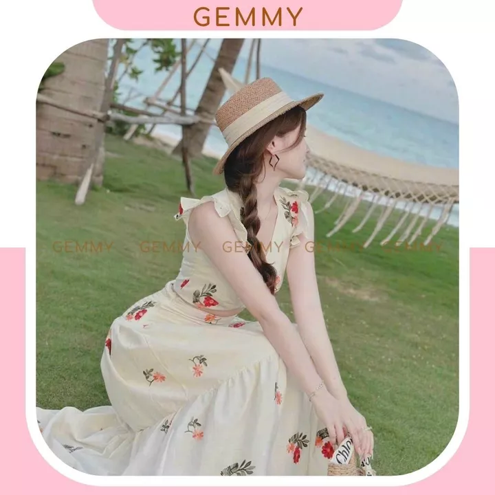 Set váy dài áo croptop, Set váy dài đi biển, maxi biển chất lụa ý mềm mát, áo kiểu chân váy xoè nhẹ nhàng - GEMMY