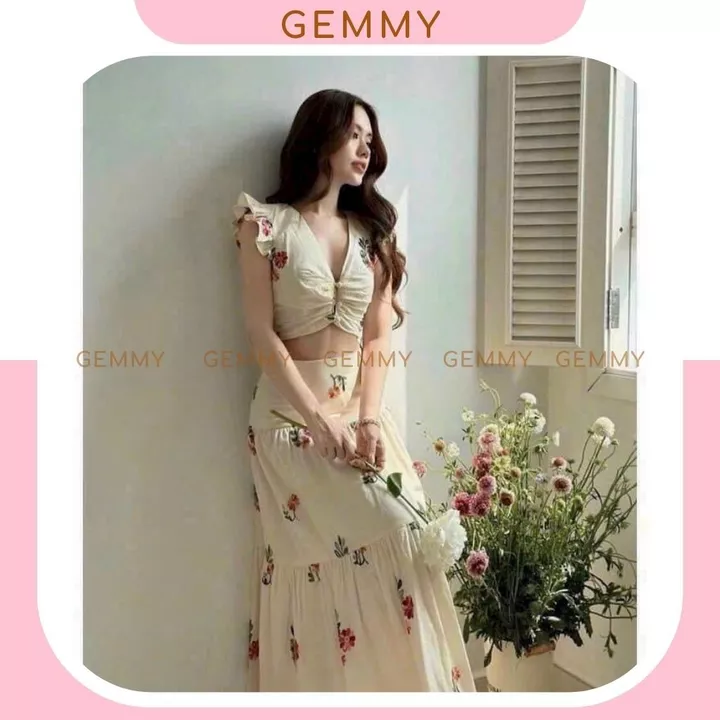 Set váy dài áo croptop, Set váy dài đi biển, maxi biển chất lụa ý mềm mát, áo kiểu chân váy xoè nhẹ nhàng - GEMMY