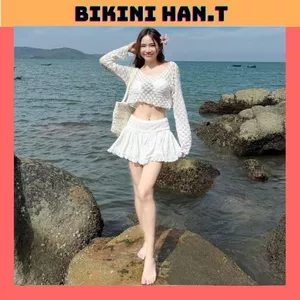 Bikini,Đồ bơi đi biển set 4 món áo bra đính HOA TRÀ có mút,quần rời kèm khoác,chân váy lưng thun Bikini HAN.T [HT 002]