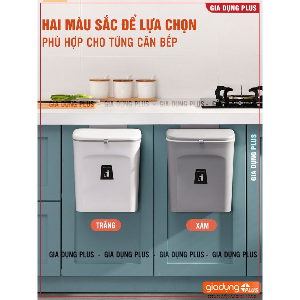 Thùng rác treo tủ bếp 9L, thùng rác nắp lật nắp đậy thông minh đậy kín bằng nhựa PP cao cấp (có ruột & quai xách)