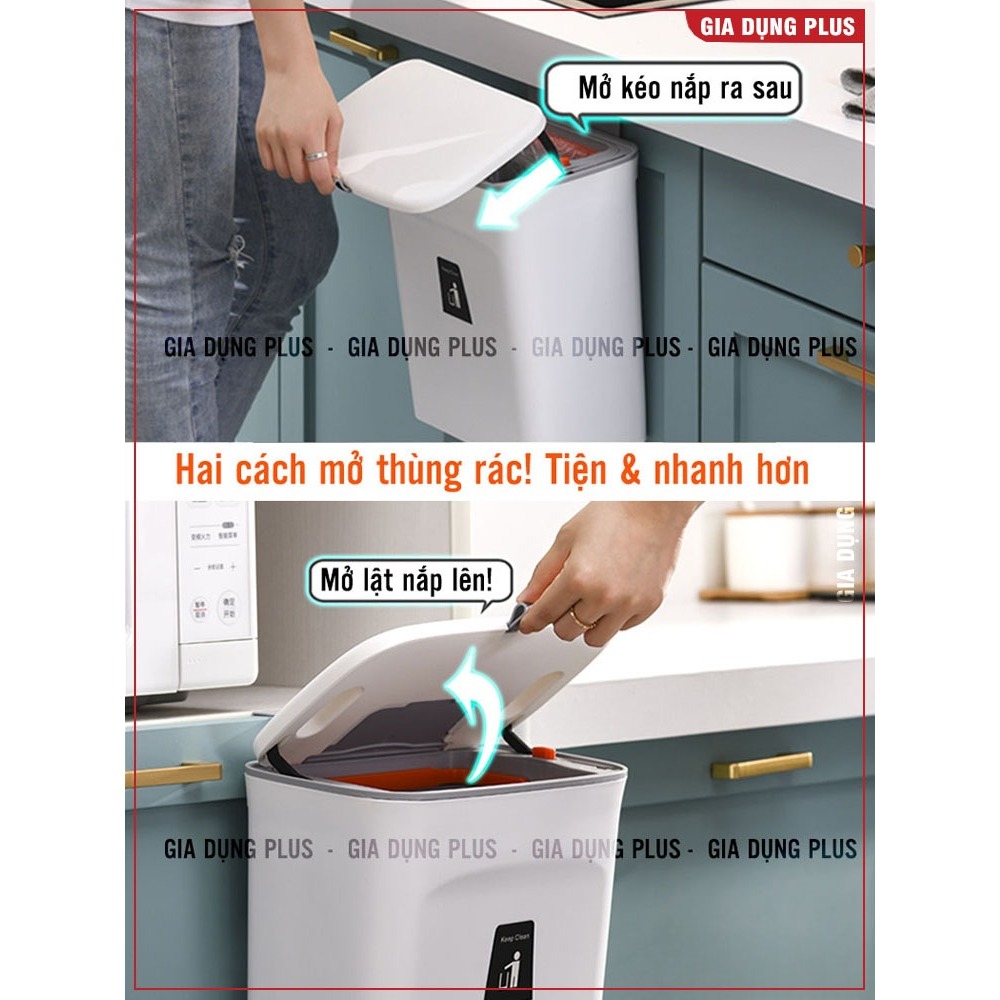 Thùng rác treo tủ bếp 9L, thùng rác nắp lật nắp đậy thông minh đậy kín bằng nhựa PP cao cấp (có ruột & quai xách)