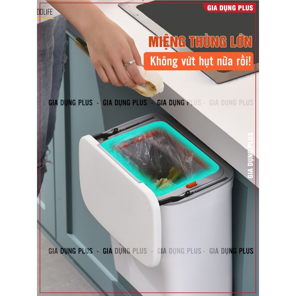 Thùng rác treo tủ bếp 9L, thùng rác nắp lật nắp đậy thông minh đậy kín bằng nhựa PP cao cấp (có ruột & quai xách)