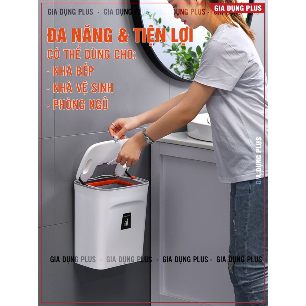 Thùng rác treo tủ bếp 9L, thùng rác nắp lật nắp đậy thông minh đậy kín bằng nhựa PP cao cấp (có ruột & quai xách)