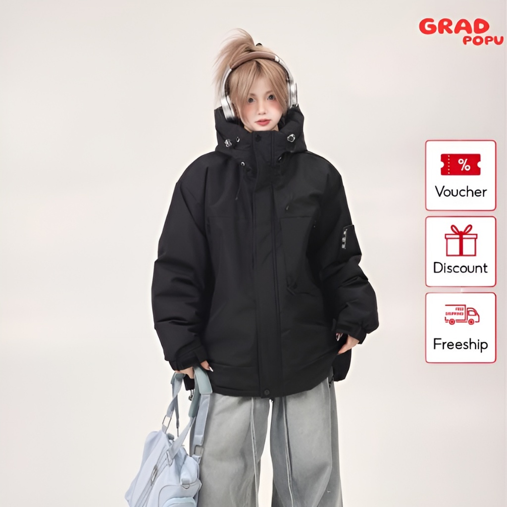 Áo phao nữ GRADPOPU PPAP04 cổ đứng bo chun nhồi bông chống gió lạnh siêu ấm , áo khoác phao béo phong cách retro Mỹ