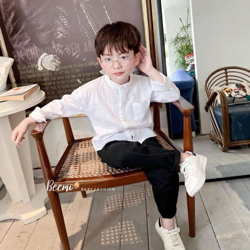 Áo sơ mi dài tay Beemo chất liệu đũi thoáng mát, Áo sơ mi dài tay cổ đức kiểu dáng Basic dễ phối đồ.