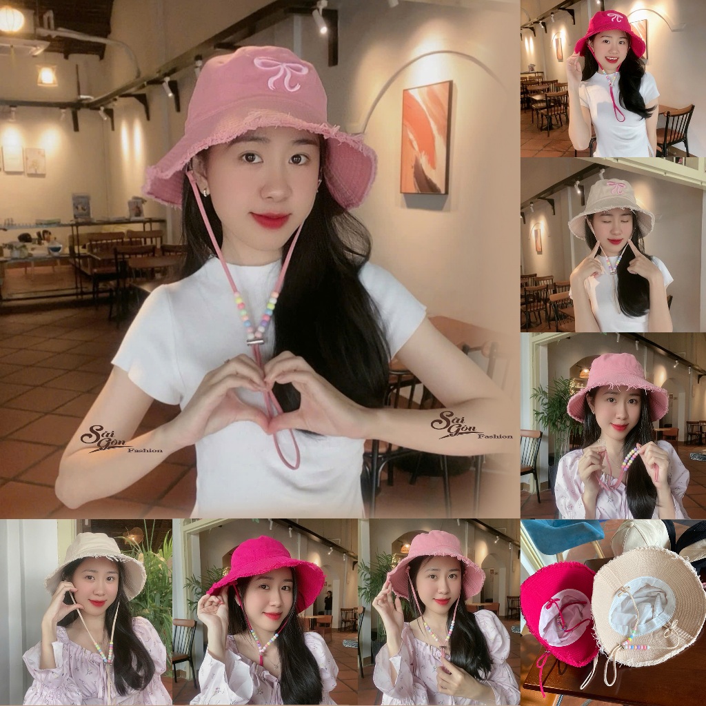 Mũ Bucket Tua Rua Phối Hạt Trơn Vành rộng kèm dây Chống nắng Form Unisex Nam Nữ