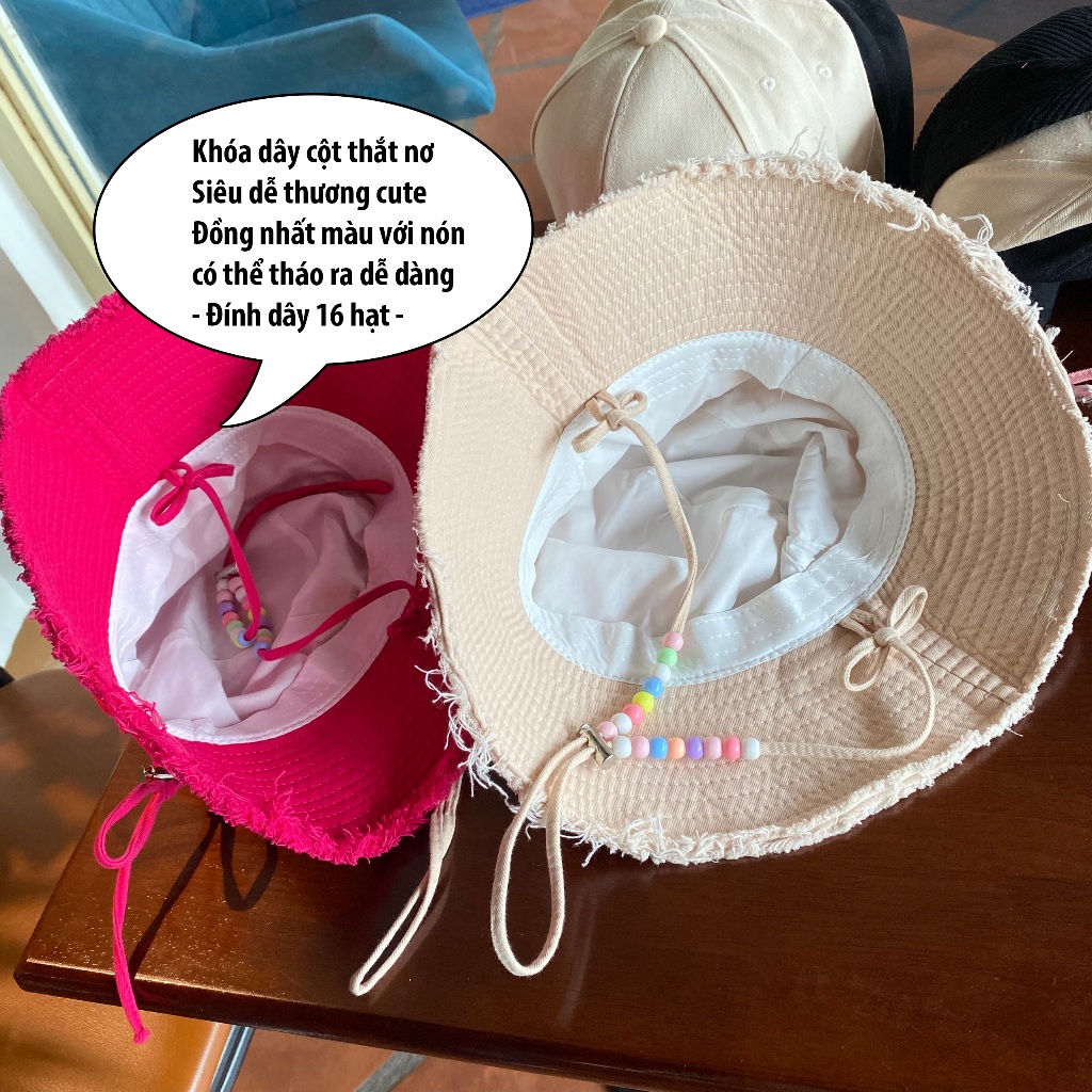 Mũ Bucket Tua Rua Phối Hạt Trơn Vành rộng kèm dây Chống nắng Form Unisex Nam Nữ