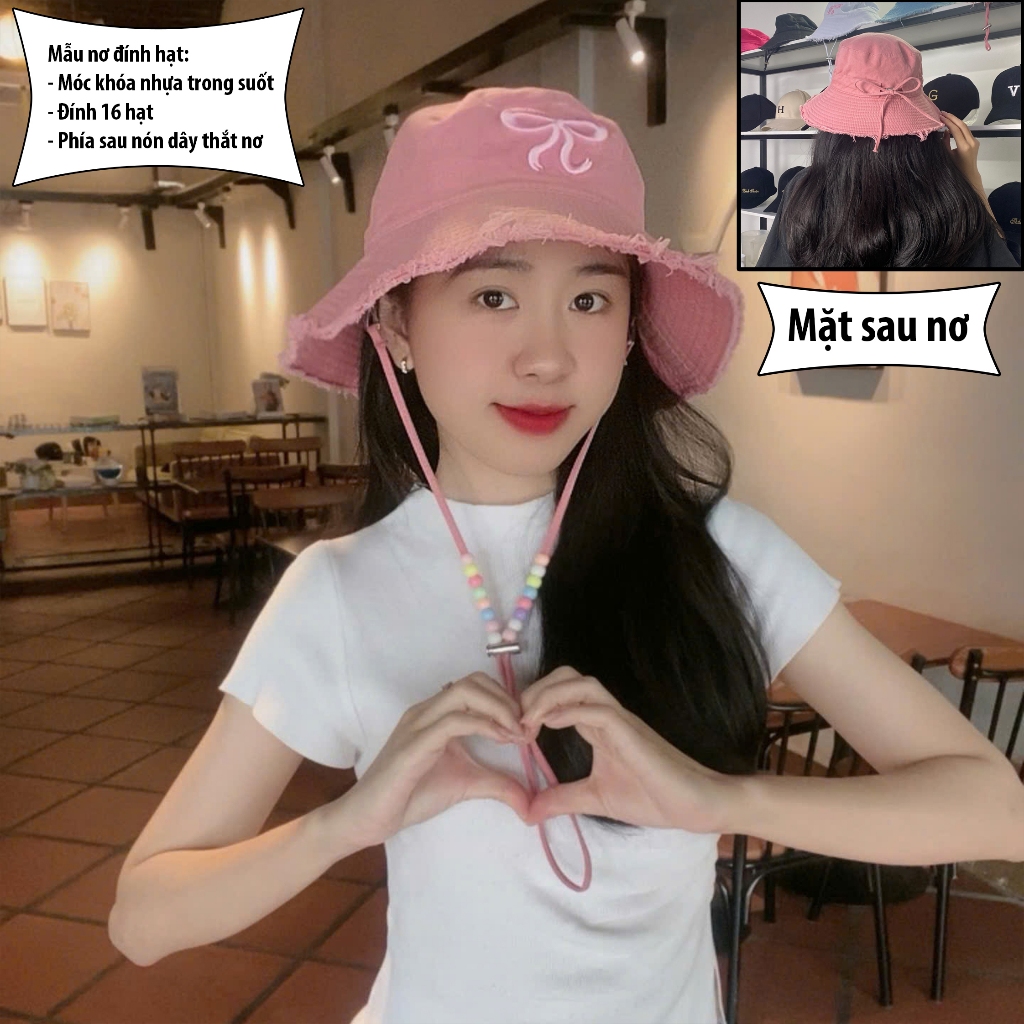 Mũ Bucket Tua Rua Phối Hạt Trơn Vành rộng kèm dây Chống nắng Form Unisex Nam Nữ
