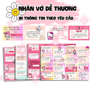 Nhãn Vở in tên theo yêu cầu Gấu dâu Doraemon Kuromi Kitty Cinnamorol Kapybara Loopy Chikawa
