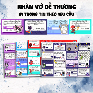 Nhãn Vở in tên theo yêu cầu Gấu dâu Doraemon Kuromi Kitty Cinnamorol Kapybara Loopy Chikawa