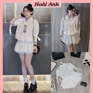 Set Bộ Đồ Nữ Thun Giấy Sơ Mi Trắng Chun Eo Đuôi Xòe Cộc Tay Đính Nơ Mix Quần Sooc Đùi Freesize