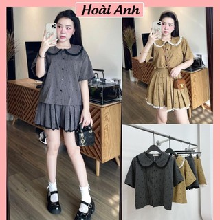 Set Bộ Đồ Nữ Kẻ Họa Tiết Nơ Nhí Đen Phối Cổ Sen Viền Ren Mix Chân Váy Xếp Ly Chun Sau Freesize