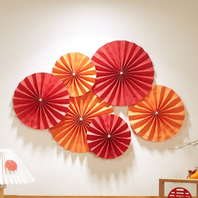 Set quạt giấy đỏ Party Fan cao cấp Kem Shop trang trí đám cưới, lễ hội, Tết năm mới - K290