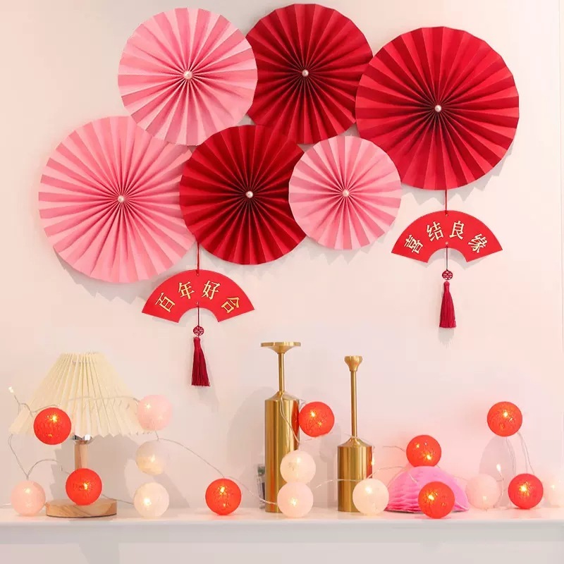 Set quạt giấy đỏ Party Fan cao cấp Kem Shop trang trí đám cưới, lễ hội, Tết năm mới - K290
