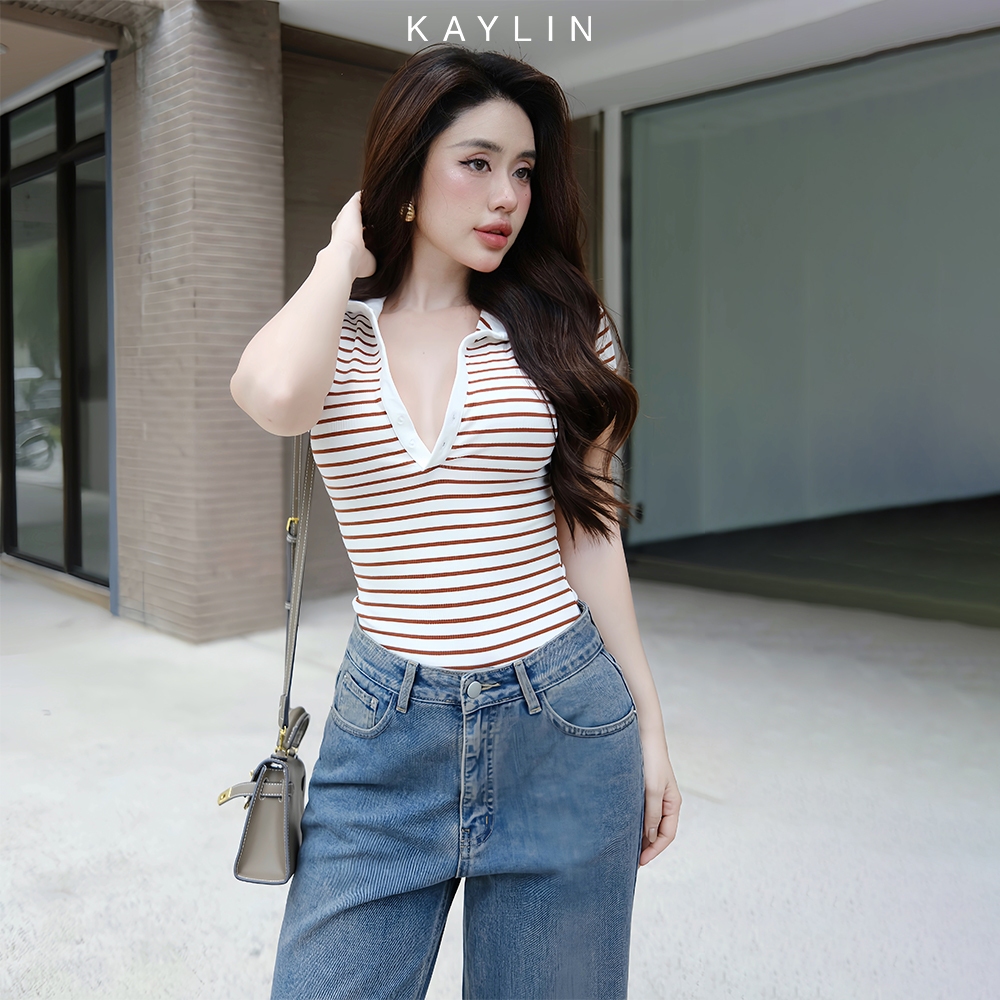 Ảnh Áo thun KAYLIN Polo form ôm phối sọc chất vài thun co giản phong cách công sở thanh lịch - N2252 3