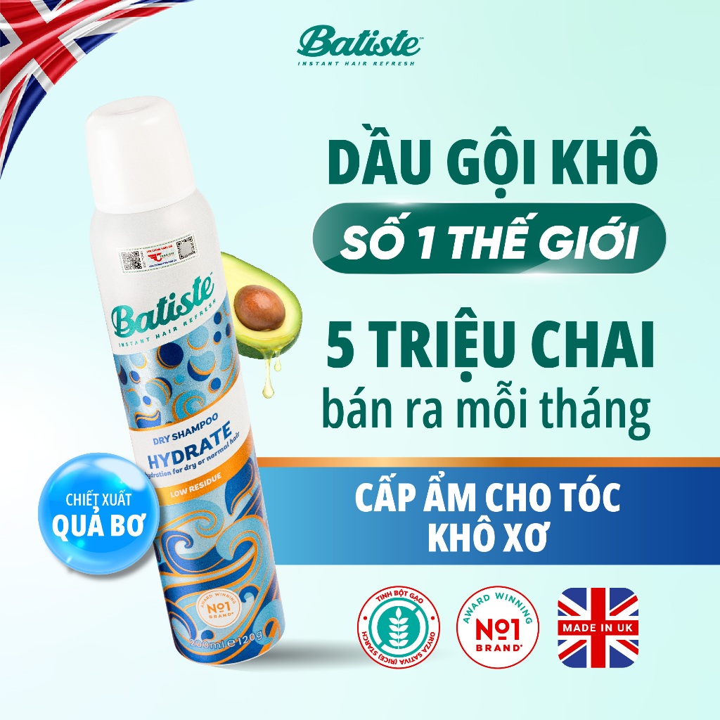 Ảnh Dầu Gội Khô Batiste Cấp Ẩm Cho Tóc Khô Xơ Batiste Dry Shampoo & Hydrate 200ml 1
