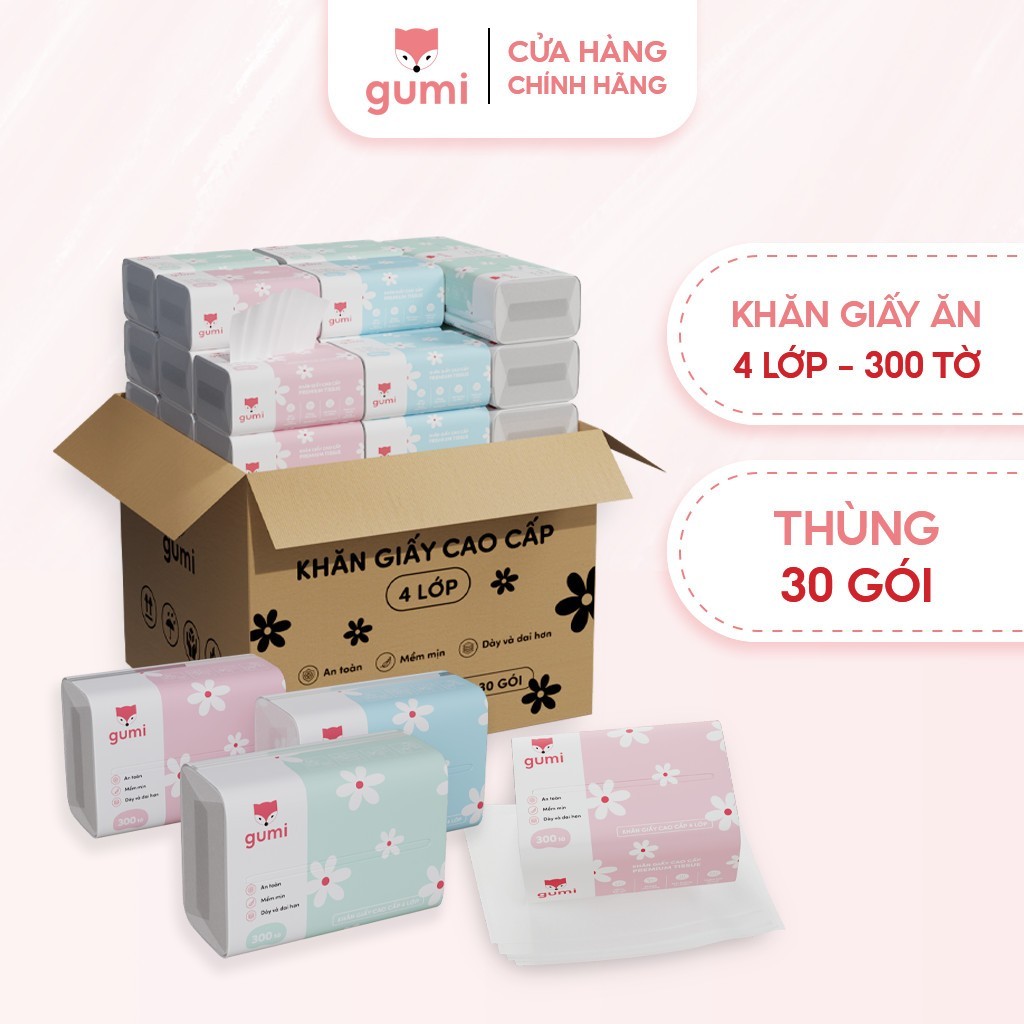 Thùng 30 gói giấy ăn cao cấp Gumi 4 lớp mềm mịn, tiện lợi cho gia đình