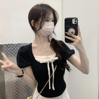 Áo croptop coquette nữ kiểu acubi brandy baby tee nơ màu hồng xanh đen bánh bèo thun tăm CT088