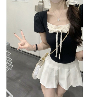 Áo croptop coquette nữ kiểu acubi brandy baby tee nơ màu hồng xanh đen bánh bèo thun tăm CT088
