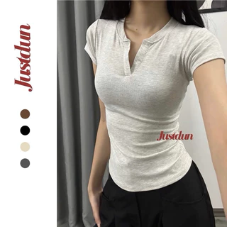 Áo thun cổ trụ tàu ôm body cotton Justdun E44
