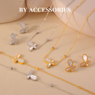 Bộ trang sức dây chuyền titan mặt hình bướm khảm xà cừ đính đá xinh xắn mạ vàng 18K không gỉ WN2478
