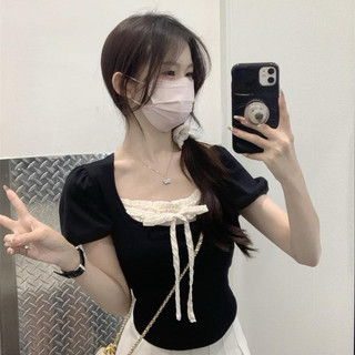 Áo croptop coquette kiểu acubi brandy nữ baby tee nơ màu xanh hồng đen bánh bèo thun tăm xinh CT088