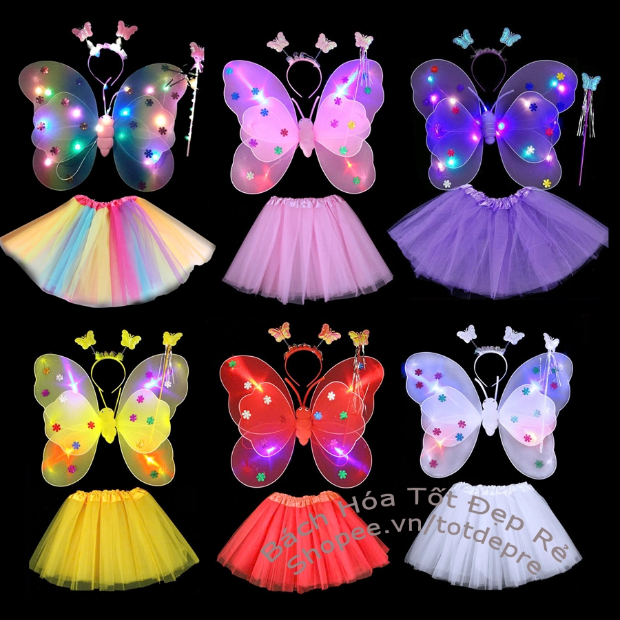 Đồ chơi cánh bướm kép , cánh Thiên thần CÓ ĐÈN kèm bờm gậy phép KHÔNG VÁY giá rẻ cho bé chơi Trung thu