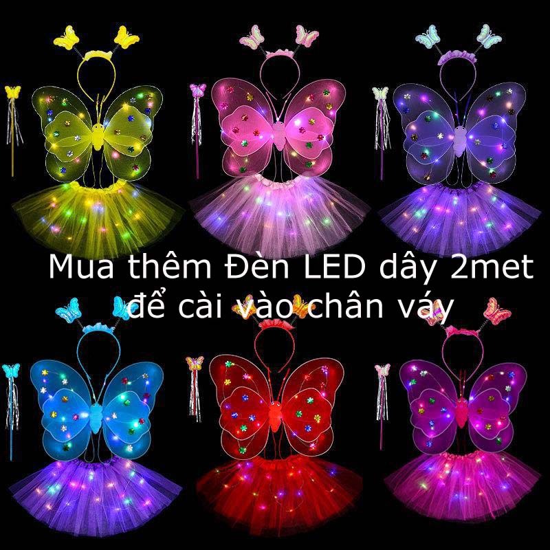 Đồ chơi cánh bướm kép , cánh Thiên thần CÓ ĐÈN kèm bờm gậy phép KHÔNG VÁY giá rẻ cho bé chơi Trung thu