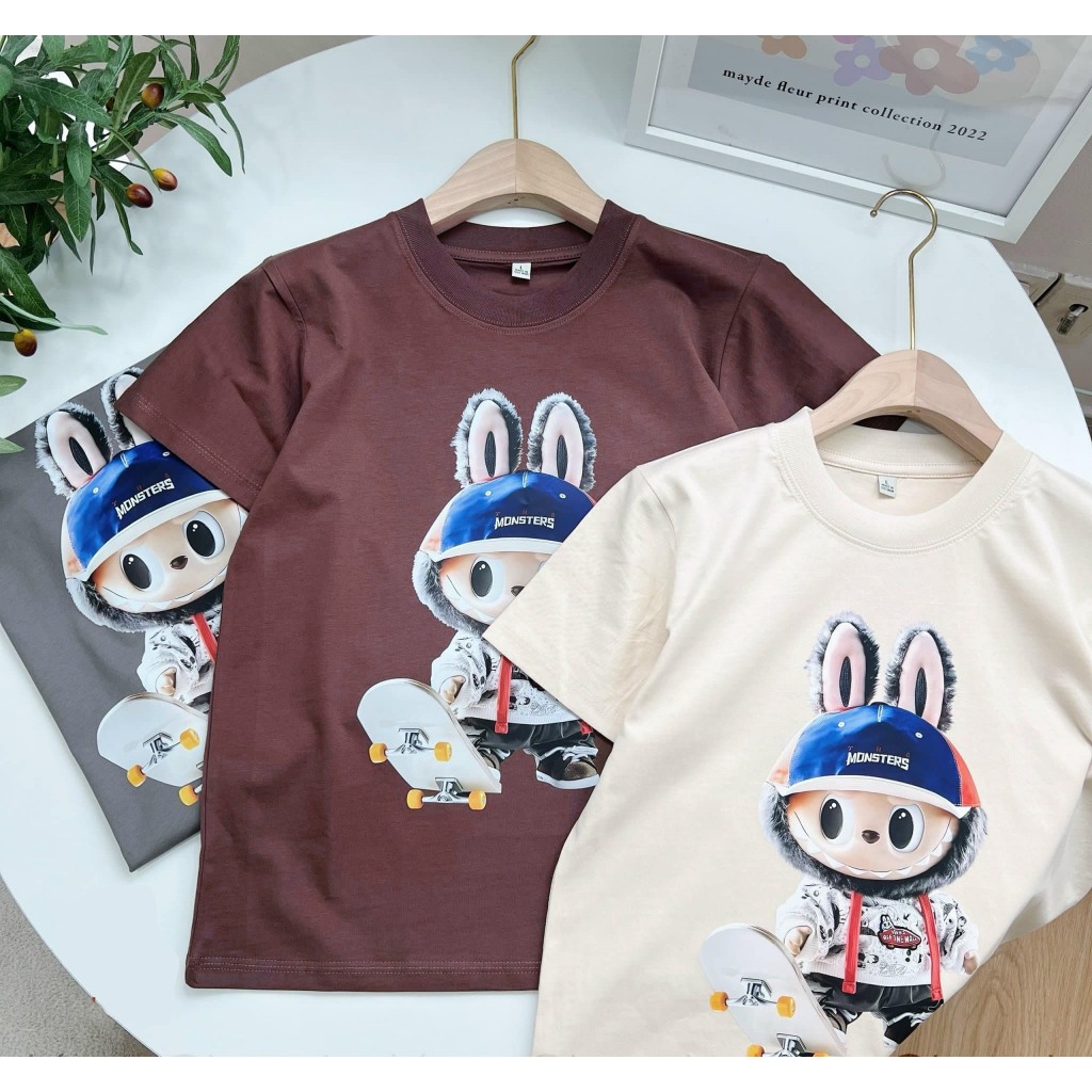 Áo Thun HappyTee - Unisex Labubu Chất vải cotton 100 cao cấp - 3 Màu Kem - Nâu - Ghi (xám lông chuột)