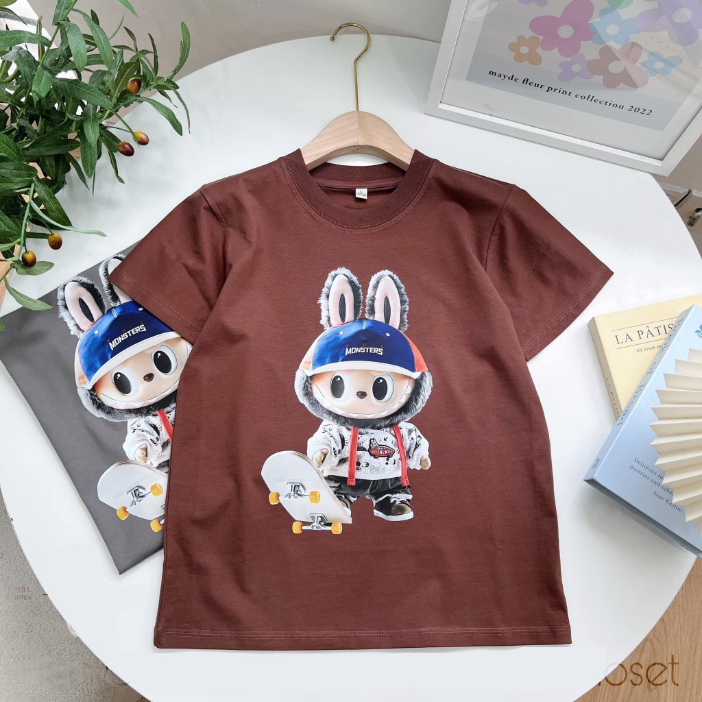 Áo Thun HappyTee - Unisex Labubu Chất vải cotton 100 cao cấp - 3 Màu Kem - Nâu - Ghi (xám lông chuột)