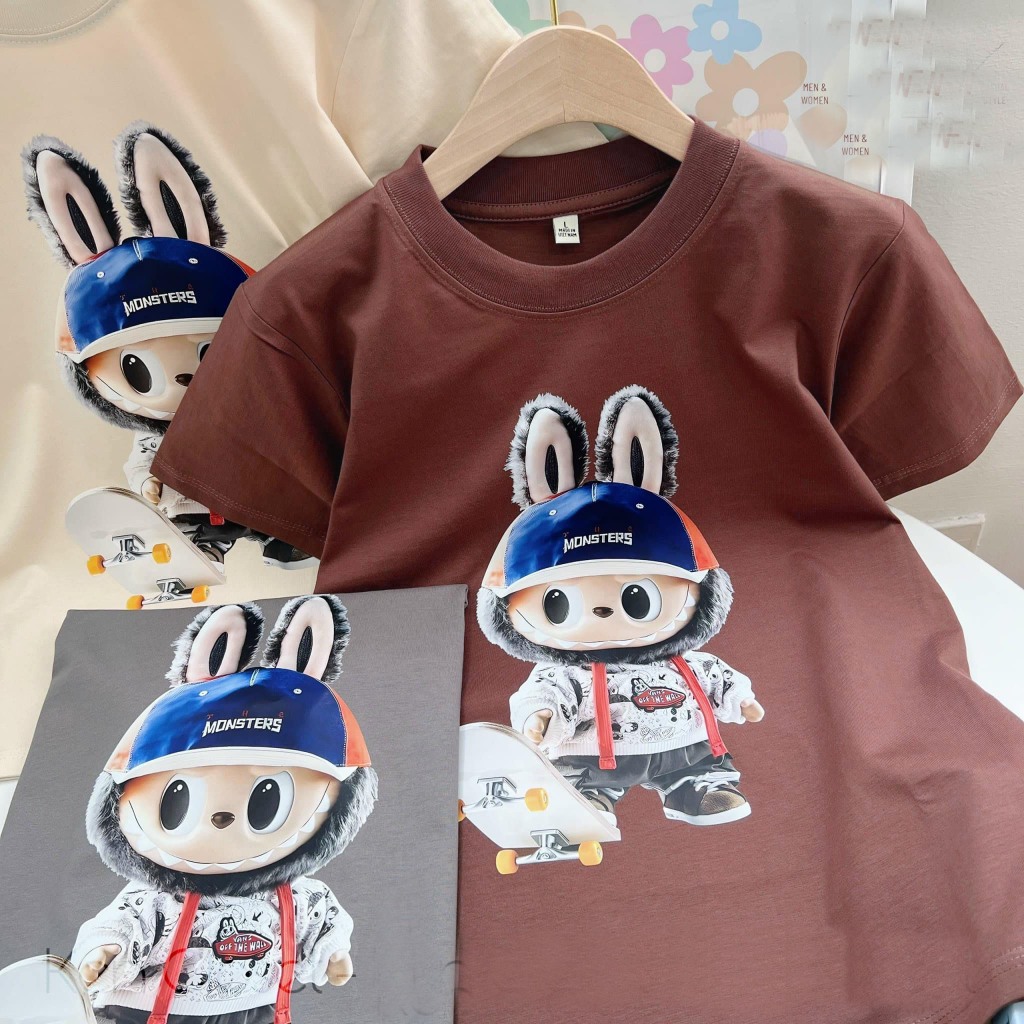 Áo Thun HappyTee - Unisex Labubu Chất vải cotton 100 cao cấp - 3 Màu Kem - Nâu - Ghi (xám lông chuột)