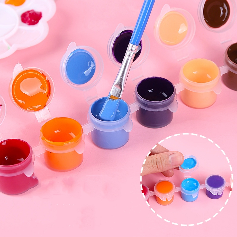 Bộ 6 màu bộ 12 màu acrylic 3ml kèm cọ vẽ, chuyên dụng vẽ tranh, tô tượng, vẽ quần áo, giày, đất sét