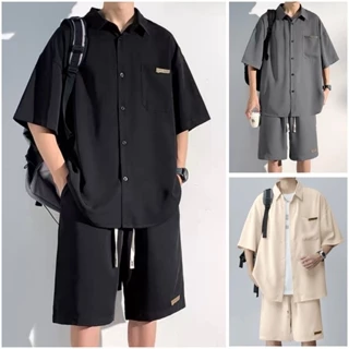 Set bộ quần áo sơ mi đũi chất cotton đũi cao cấp, Áo cộc tay lỡ unisex basic, Full logo tag, hợp mọi thời đại