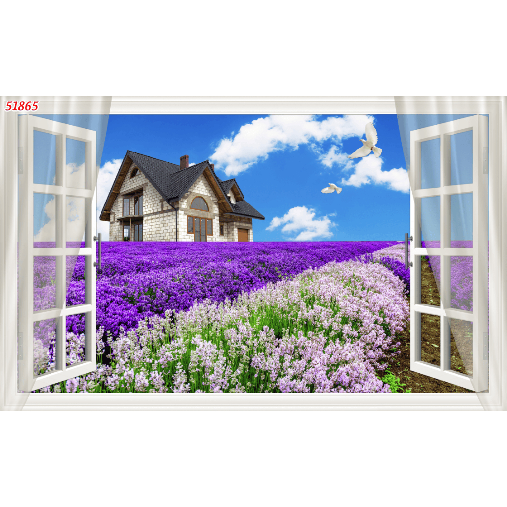 Tranh dán tường 3D vải lụa kim sa chủ đề tranh Cửa Sổ....