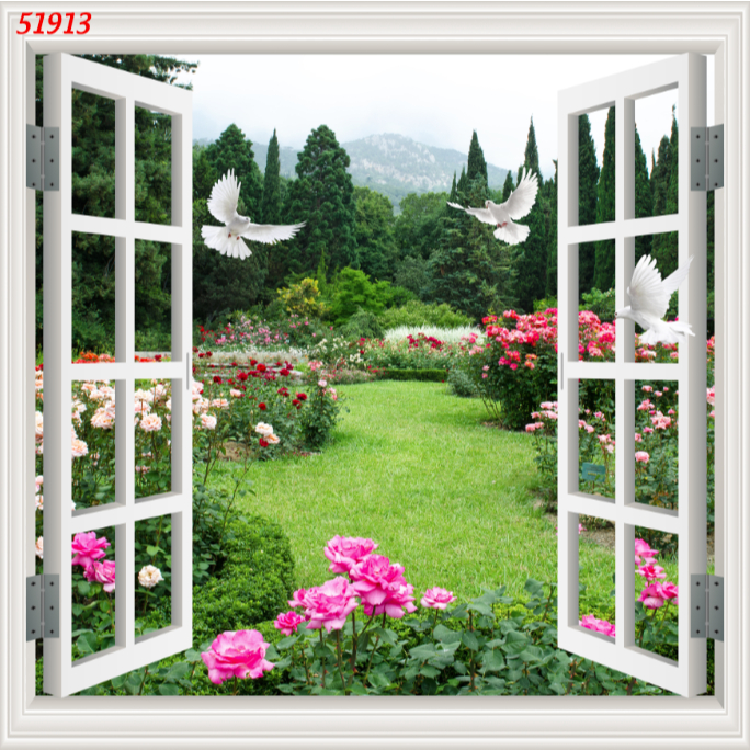 Tranh dán tường 3D vải lụa kim sa chủ đề tranh Cửa Sổ....