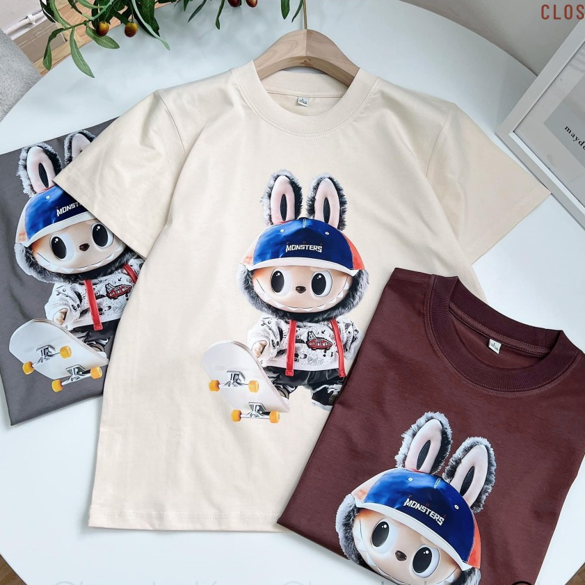 Áo Thun HappyTee - Unisex Labubu Chất vải cotton 100 cao cấp - 3 Màu Kem - Nâu - Ghi (xám lông chuột)