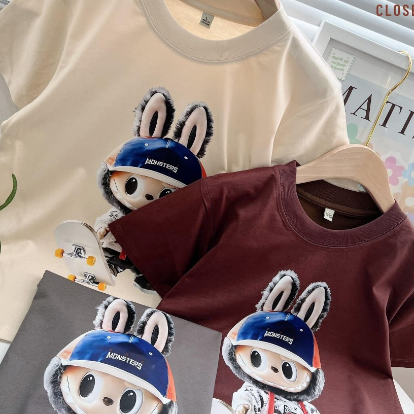 Áo Thun HappyTee - Unisex Labubu Chất vải cotton 100 cao cấp - 3 Màu Kem - Nâu - Ghi (xám lông chuột)