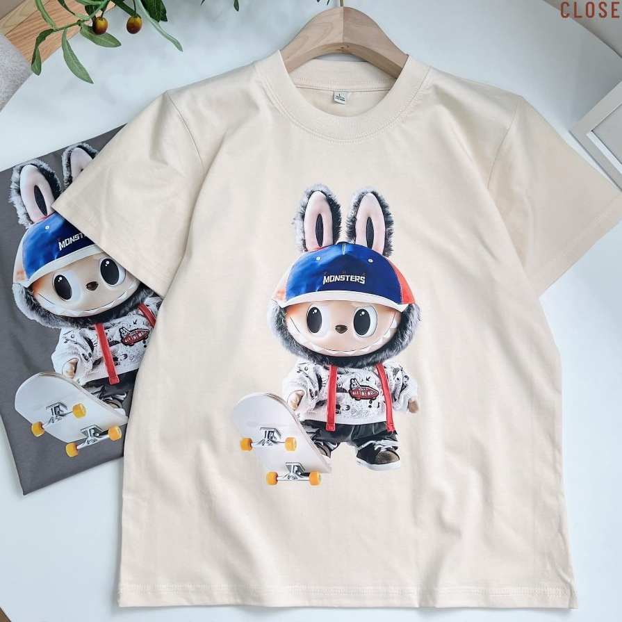 Áo Thun HappyTee - Unisex Labubu Chất vải cotton 100 cao cấp - 3 Màu Kem - Nâu - Ghi (xám lông chuột)